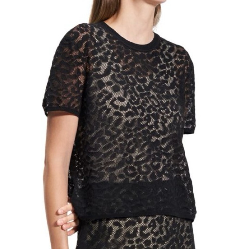 NWT Theory Bleecker Black Sheer Lace Short Sleeve Top Size S